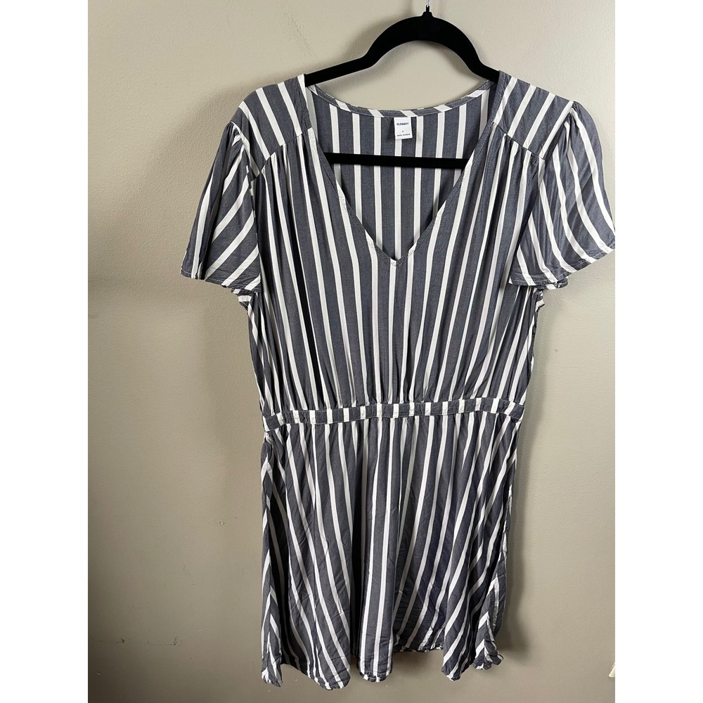 Old Navy Womens Large Blue White Striped V-Neck Elastic Waist Rayon Mini Dress